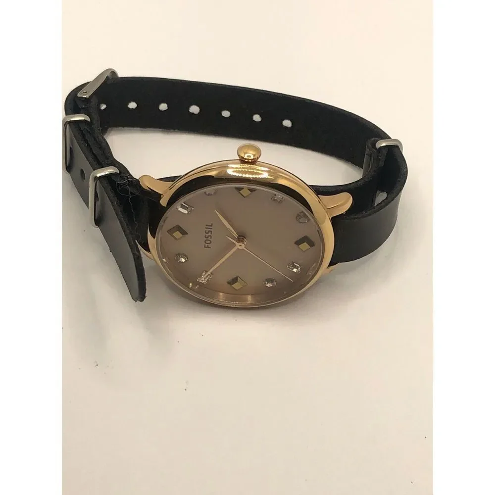 Fossil ES4473 Women's Black Leather Analog Pink Dial Quartz Genuine Watch OP64